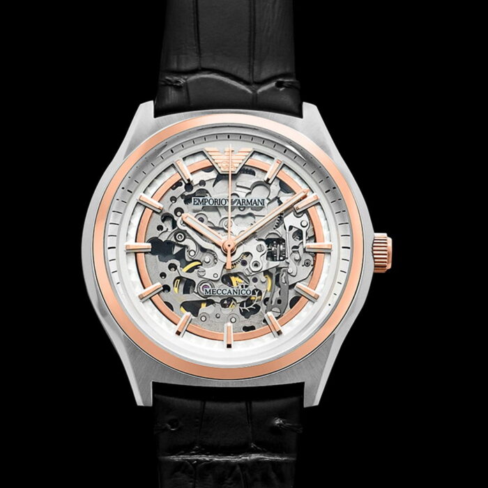Emporio Armani Zeta Skeleton Automatic Silver Dial Black Leather Strap Watch For Men - AR60018 - Image 5